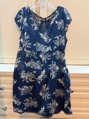 Girls Navy Blue Floral Cap-Sleeve Dress